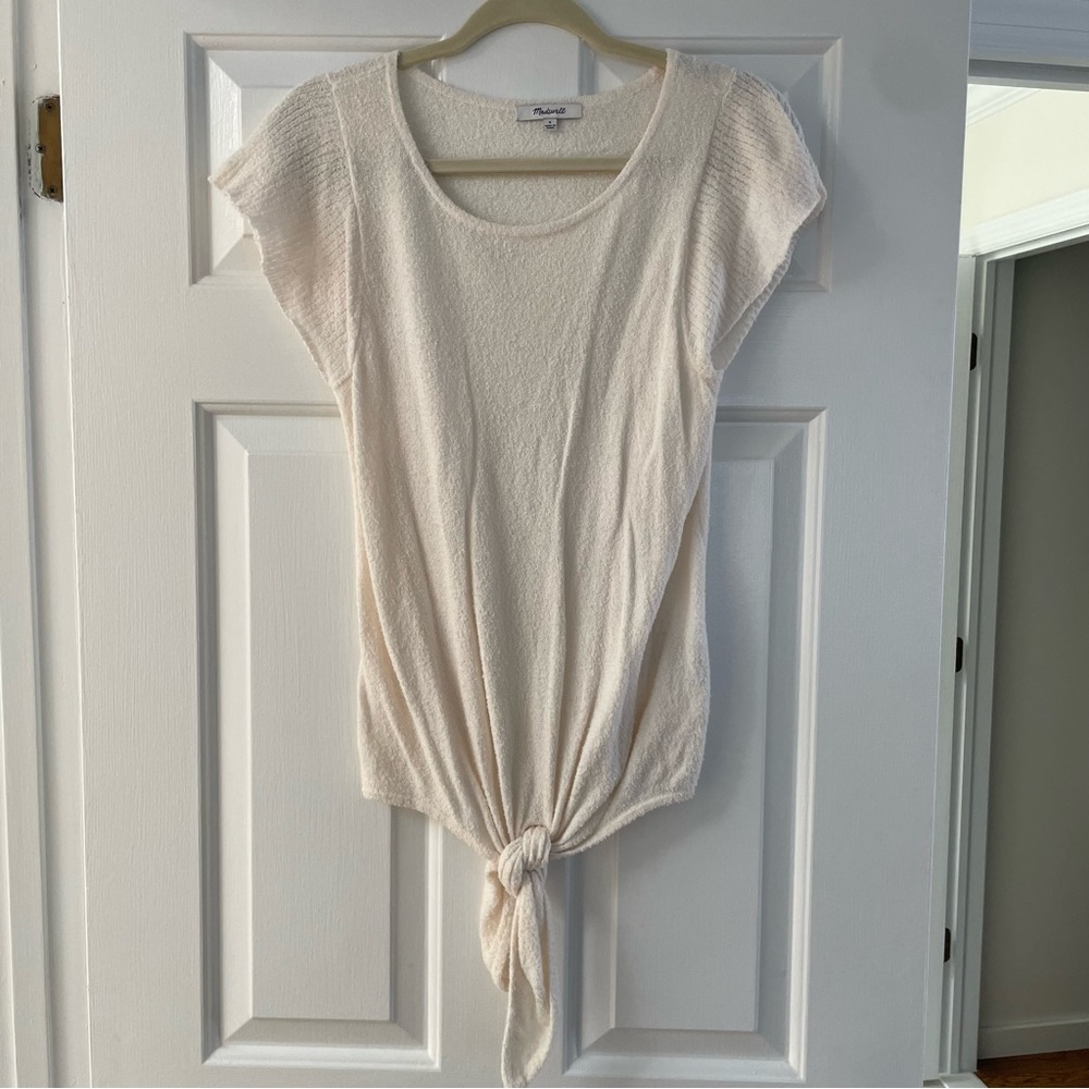 Madewell Boucle Top with Flutter Sleeves and Front Tie